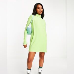 Collusion washed rib boxy turtle neck dress in green